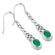 Green Agate Celtic Silver Long Drop Dangle Hook Earrings - e311
